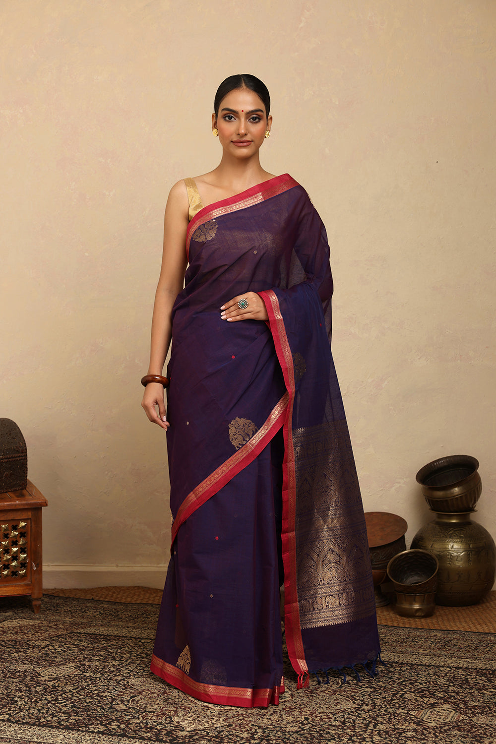 Handloom Purple Zari Motifs Kanchi Cotton Saree