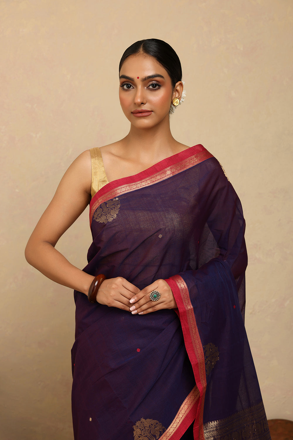 Handloom Purple Zari Motifs Kanchi Cotton Saree