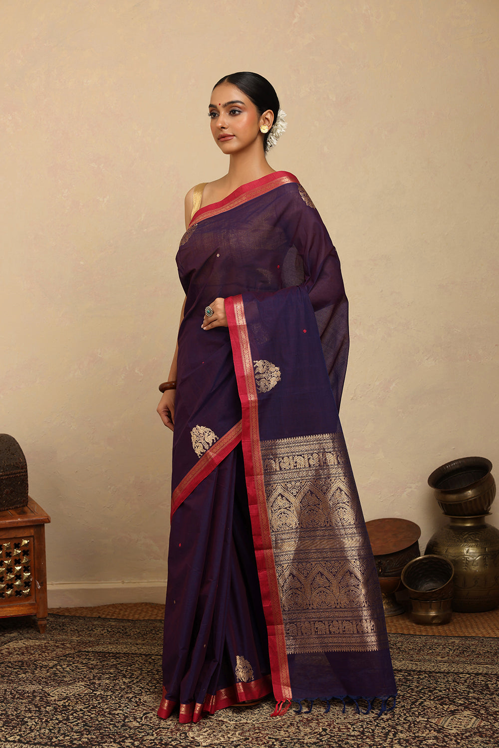 Handloom Purple Zari Motifs Kanchi Cotton Saree