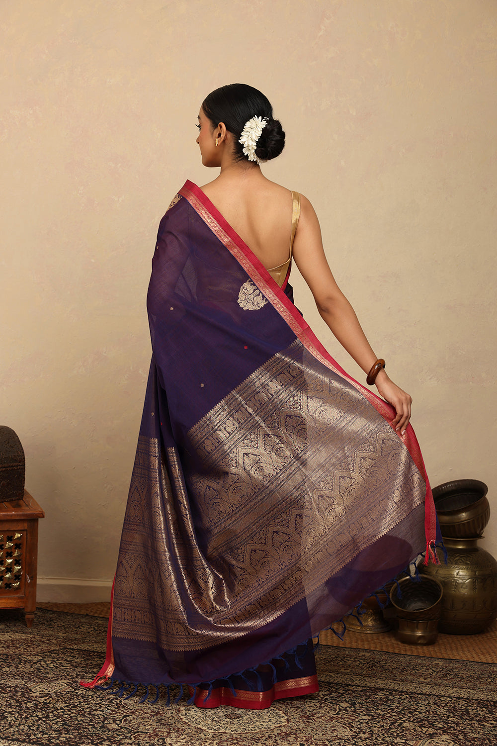 Handloom Purple Zari Motifs Kanchi Cotton Saree