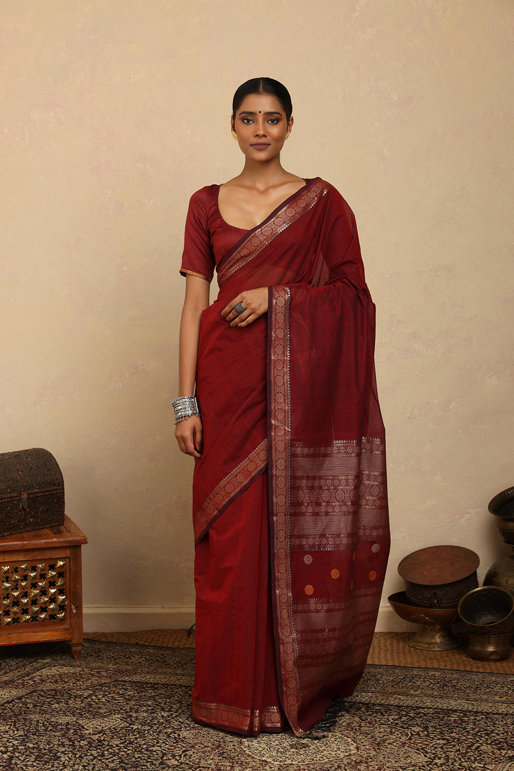 Handloom Maroon Silver Zari Motifs Kanchi Cotton Saree