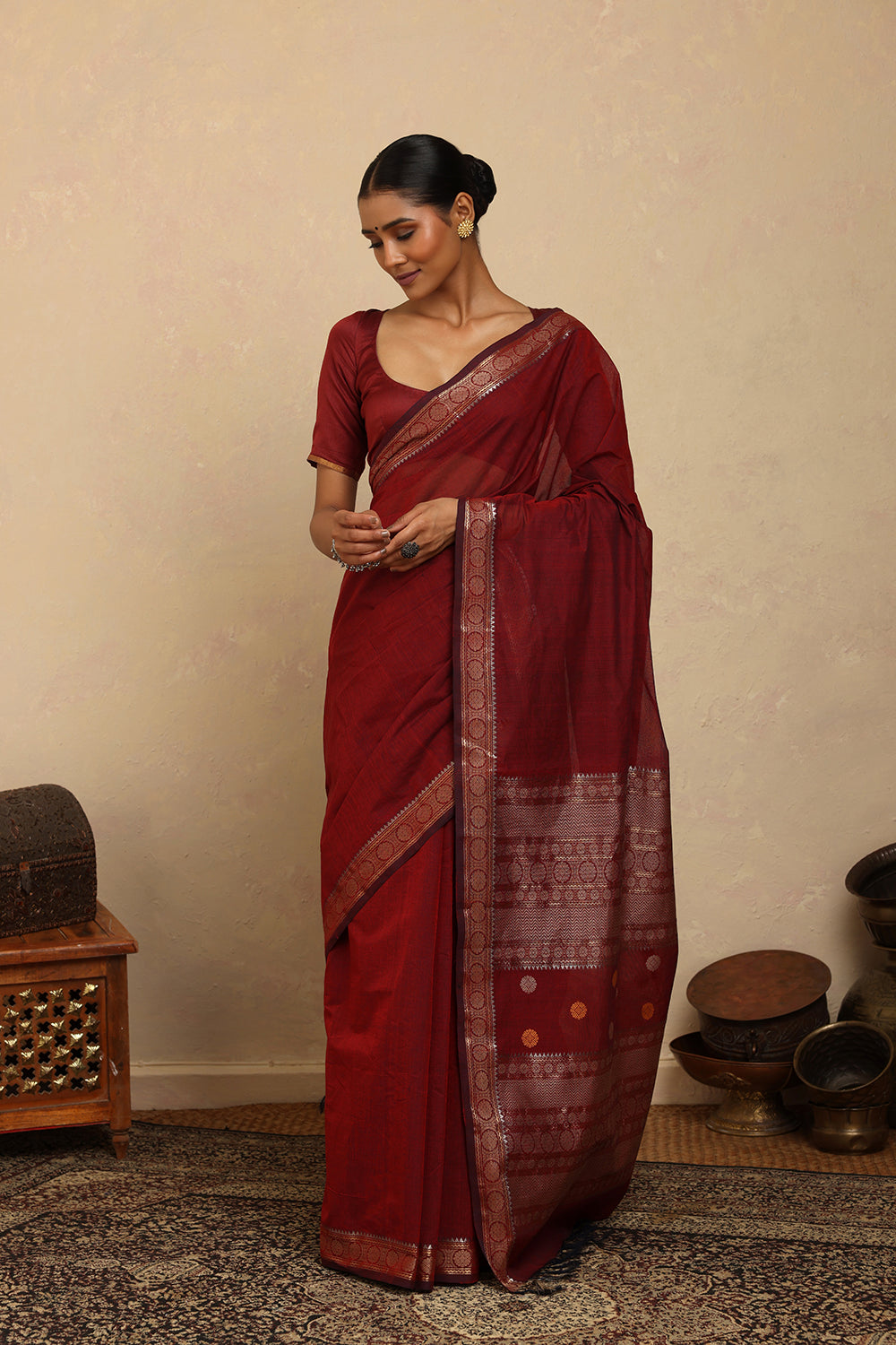 Handloom Maroon Silver Zari Motifs Kanchi Cotton Saree