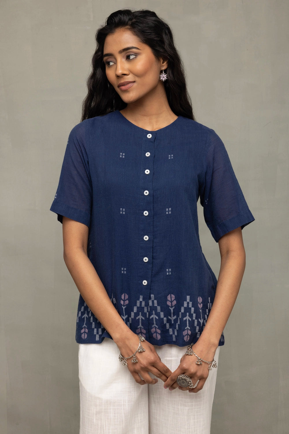 Ocean Blue Cotton Jamdani Top