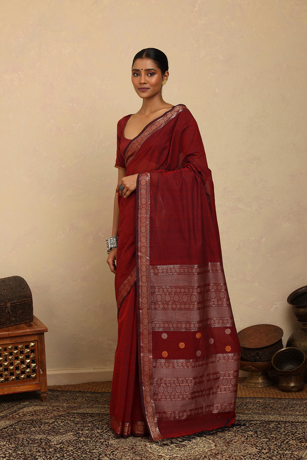 Handloom Maroon Silver Zari Motifs Kanchi Cotton Saree