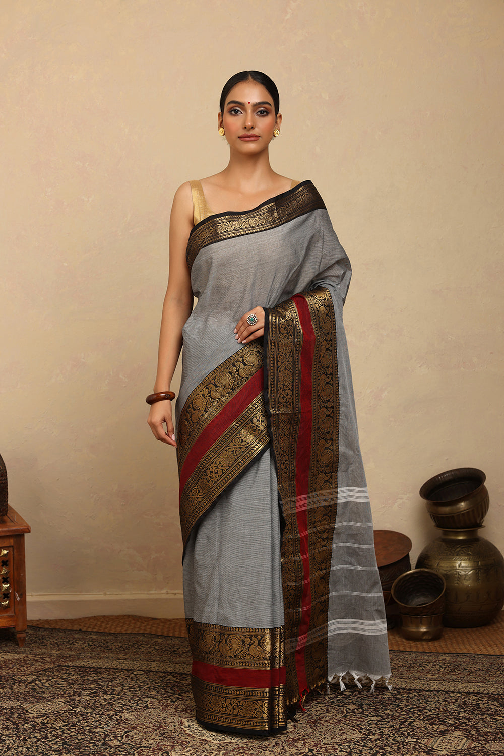 Handloom Grey Kanchi Cotton Saree with Broad Zari Border