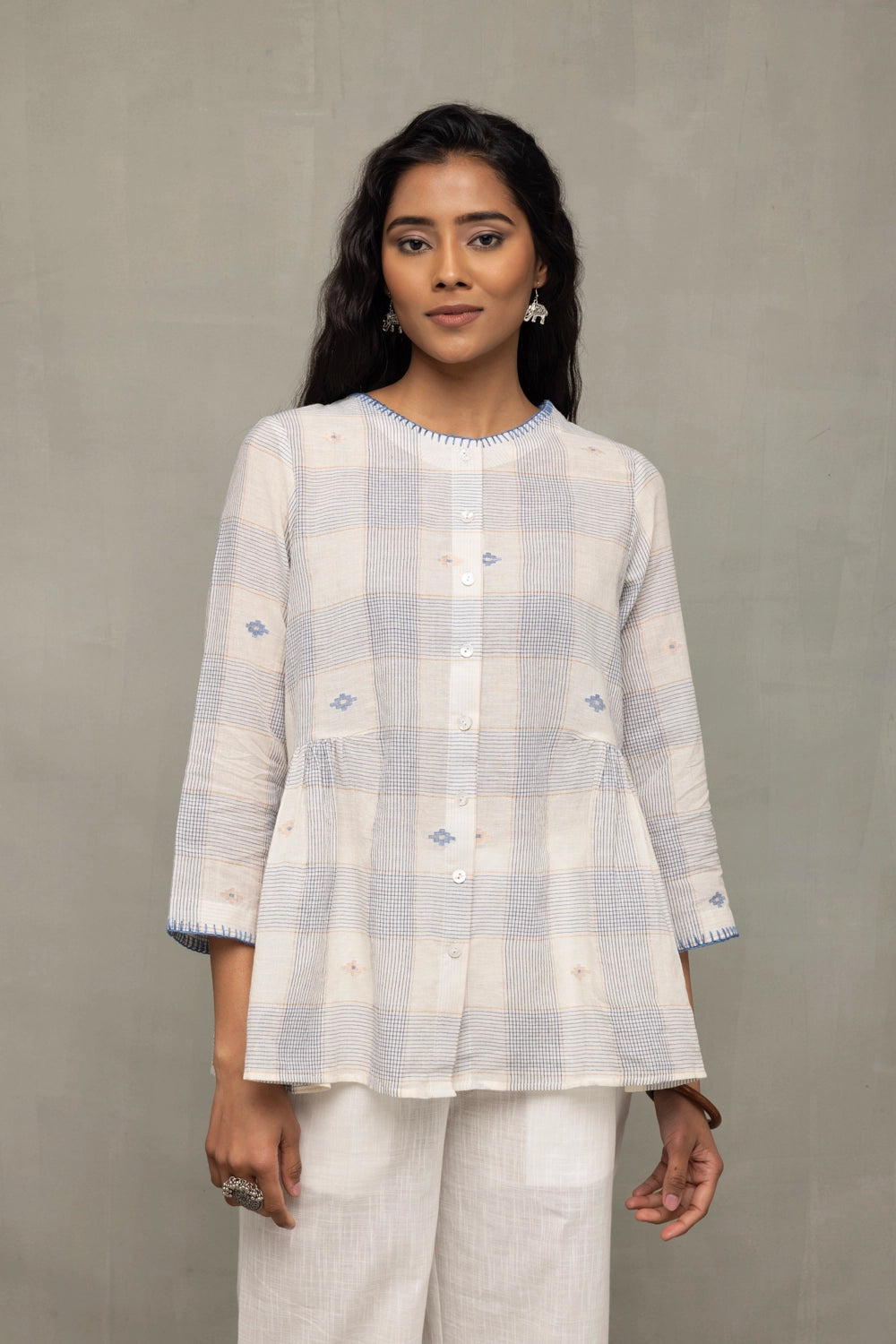 Off-White & Blue Check Jamdani Top with Zari Motifs