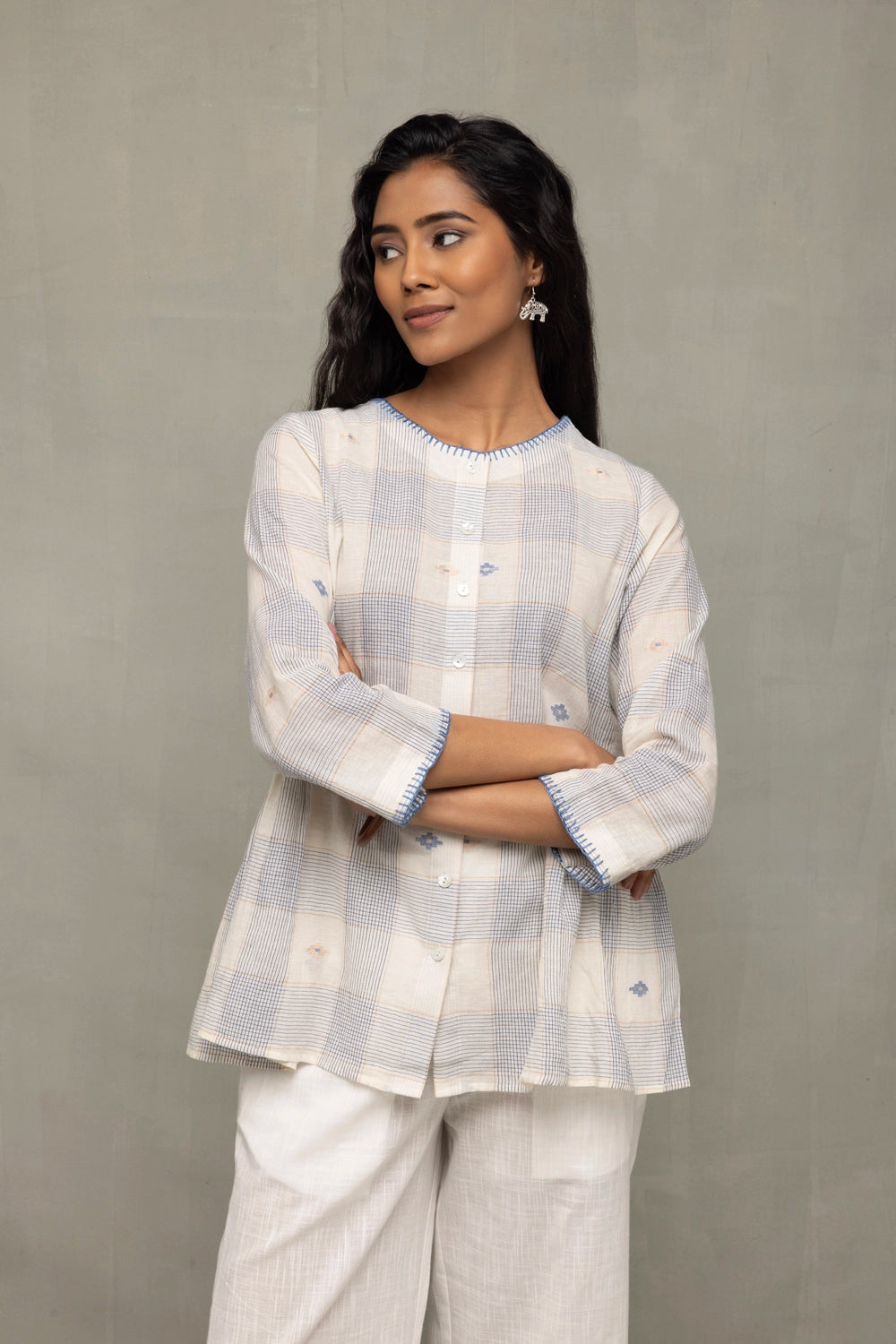 Off-White & Blue Check Jamdani Top with Zari Motifs