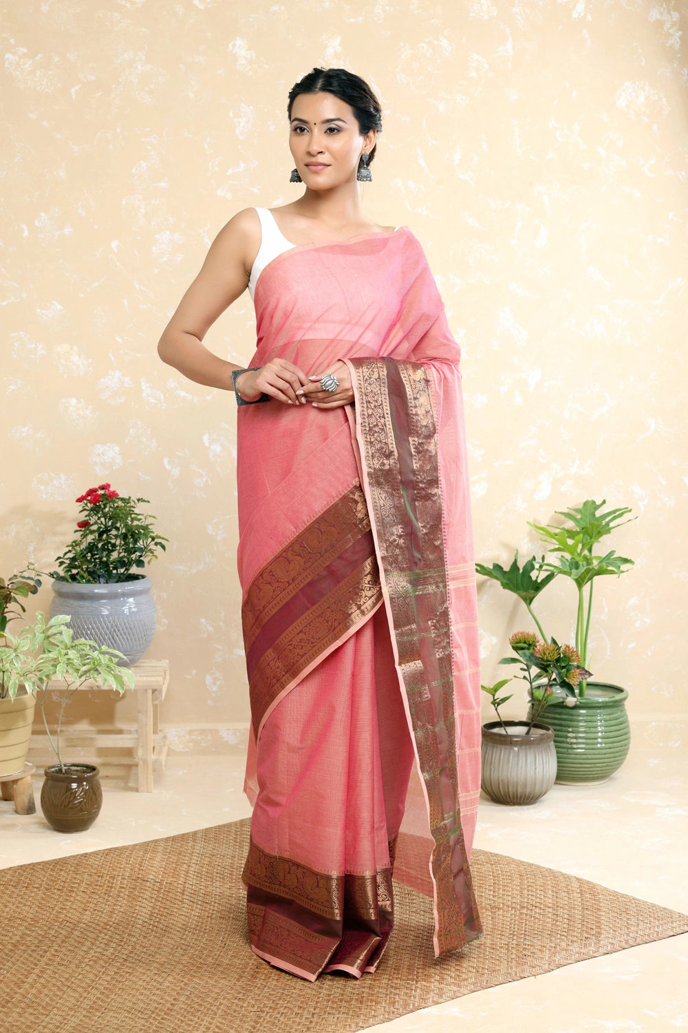 Handloom Turkey Red Pure Cotton Kanchi Saree With Zari Border