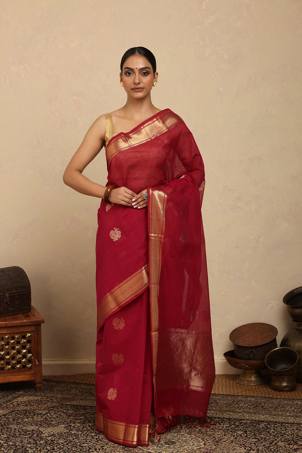 Handloom Rani Pink Kanchi Cotton Saree with Gold Zari Border