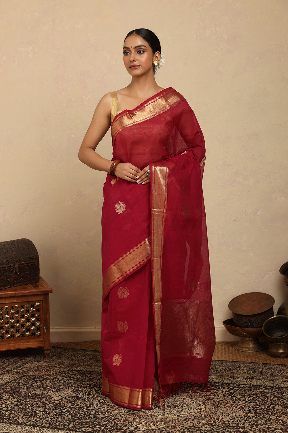 Handloom Rani Pink Kanchi Cotton Saree with Gold Zari Border