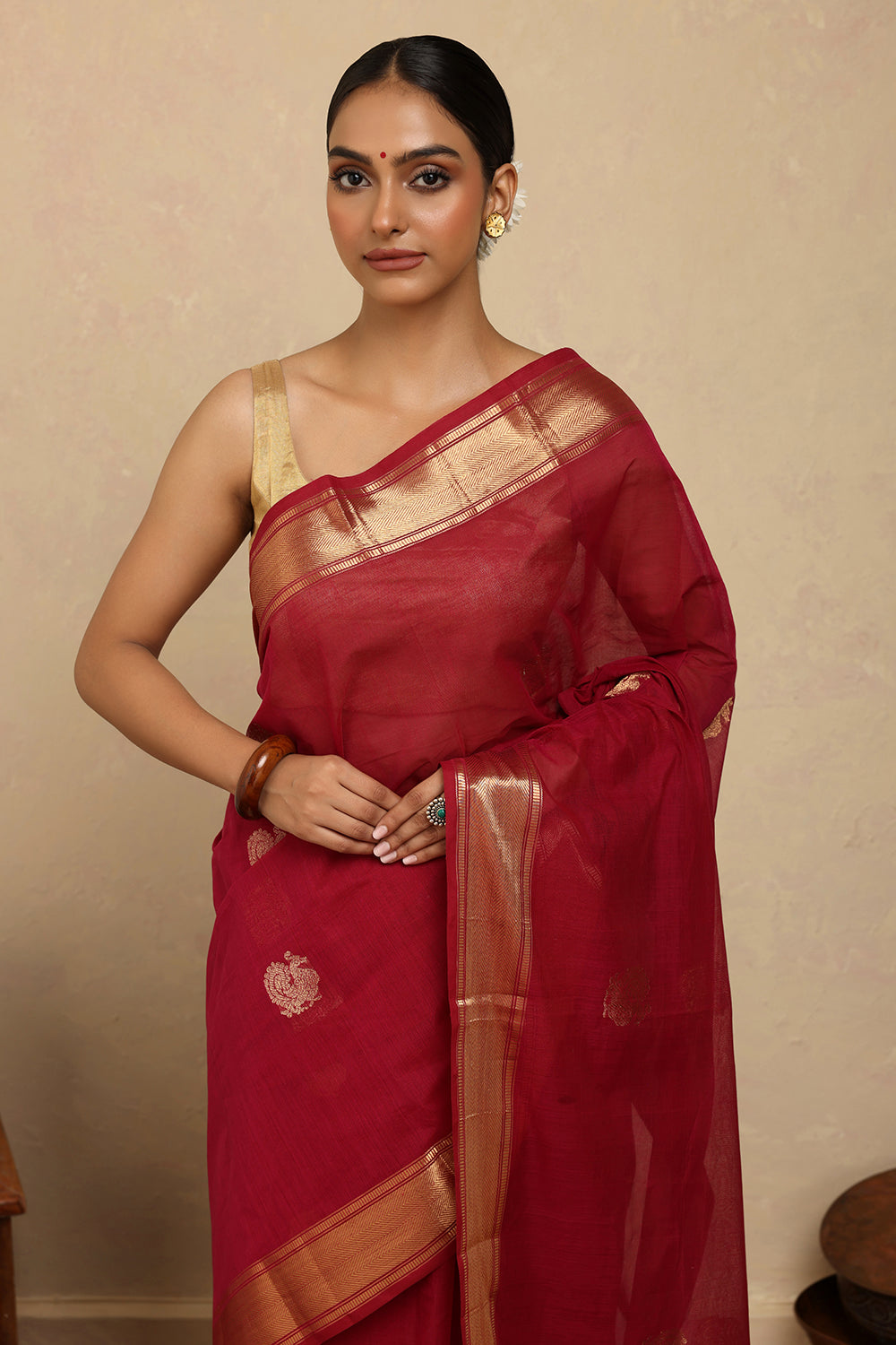Handloom Rani Pink Kanchi Cotton Saree with Gold Zari Border