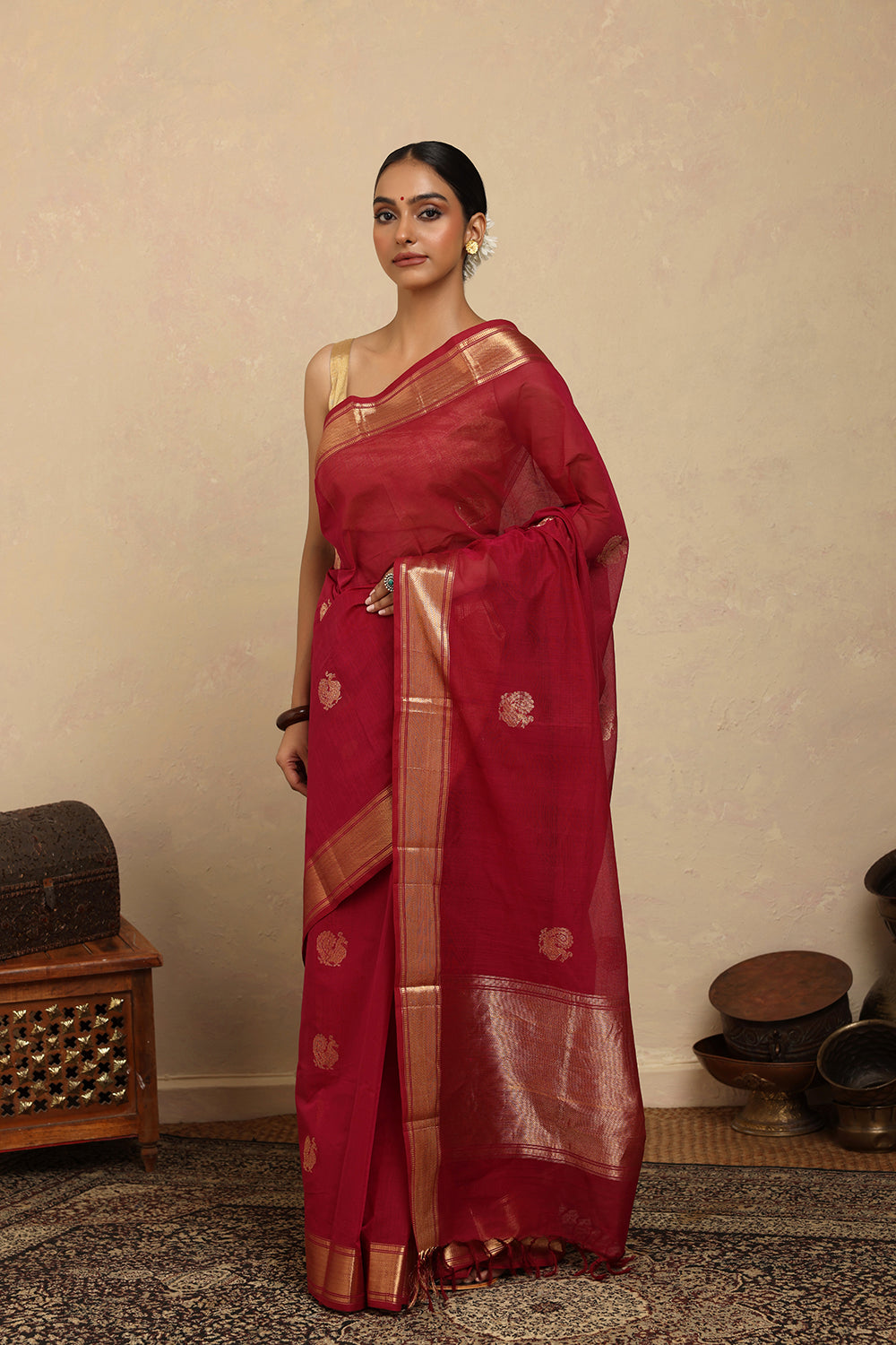 Handloom Rani Pink Kanchi Cotton Saree with Gold Zari Border