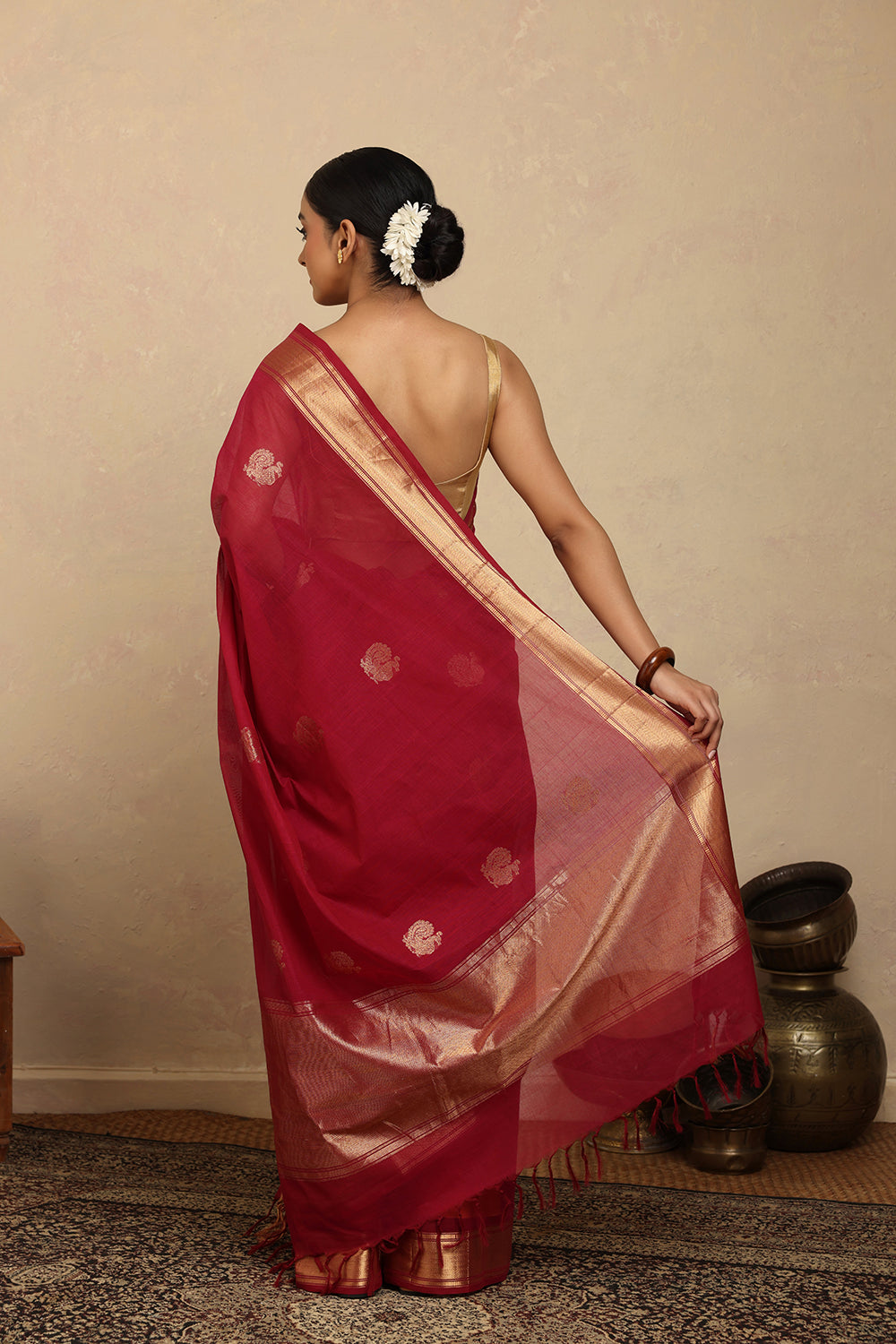 Handloom Rani Pink Kanchi Cotton Saree with Gold Zari Border