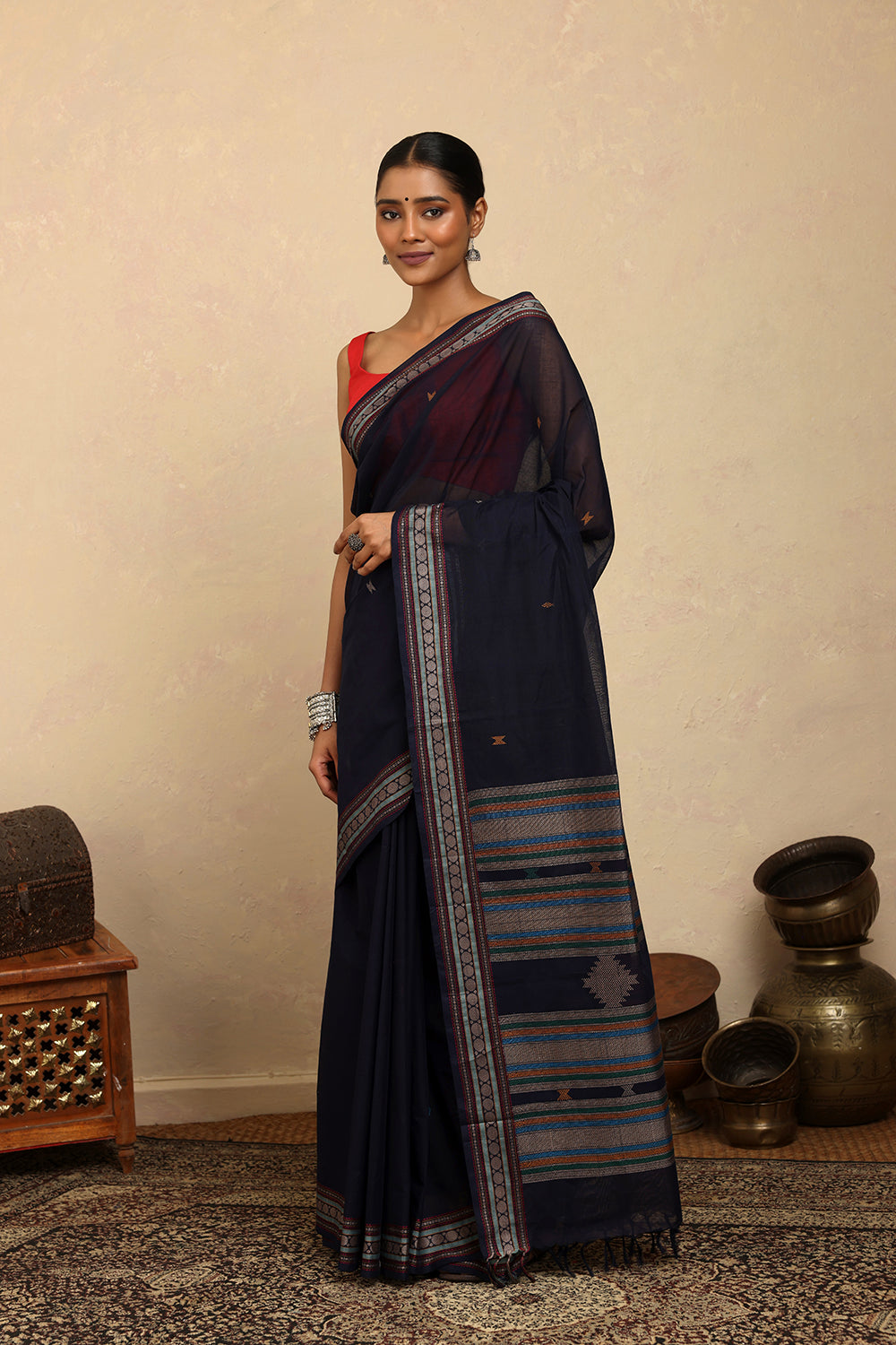 Handloom Navy Blue Kanchi Cotton Saree with Woven Border