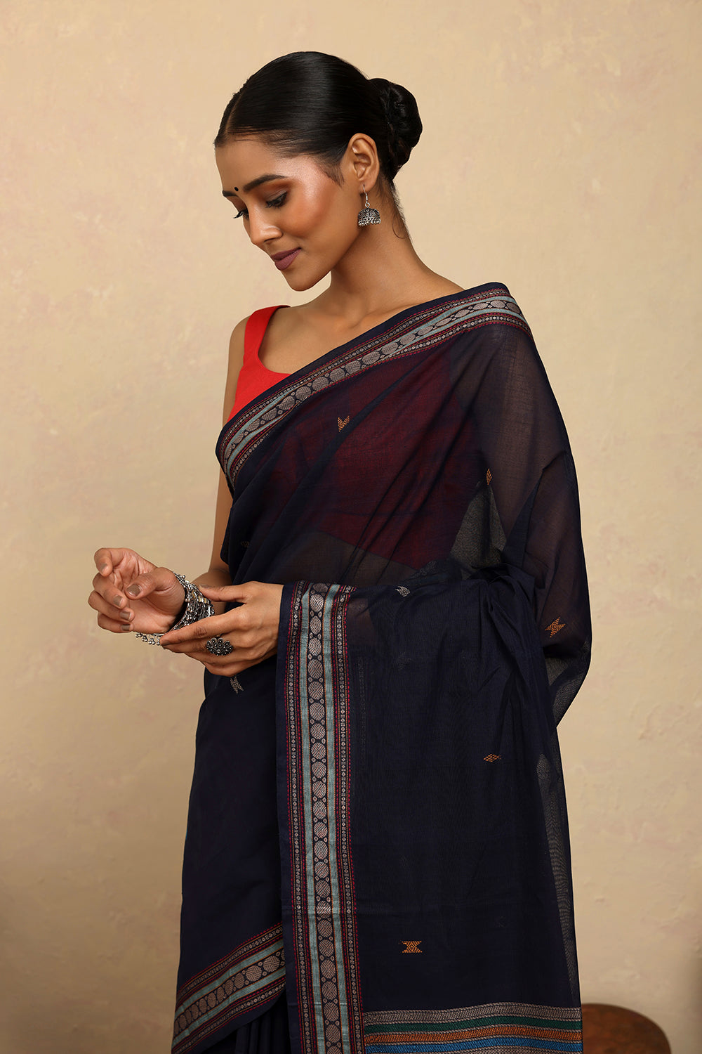 Handloom Navy Blue Kanchi Cotton Saree with Woven Border
