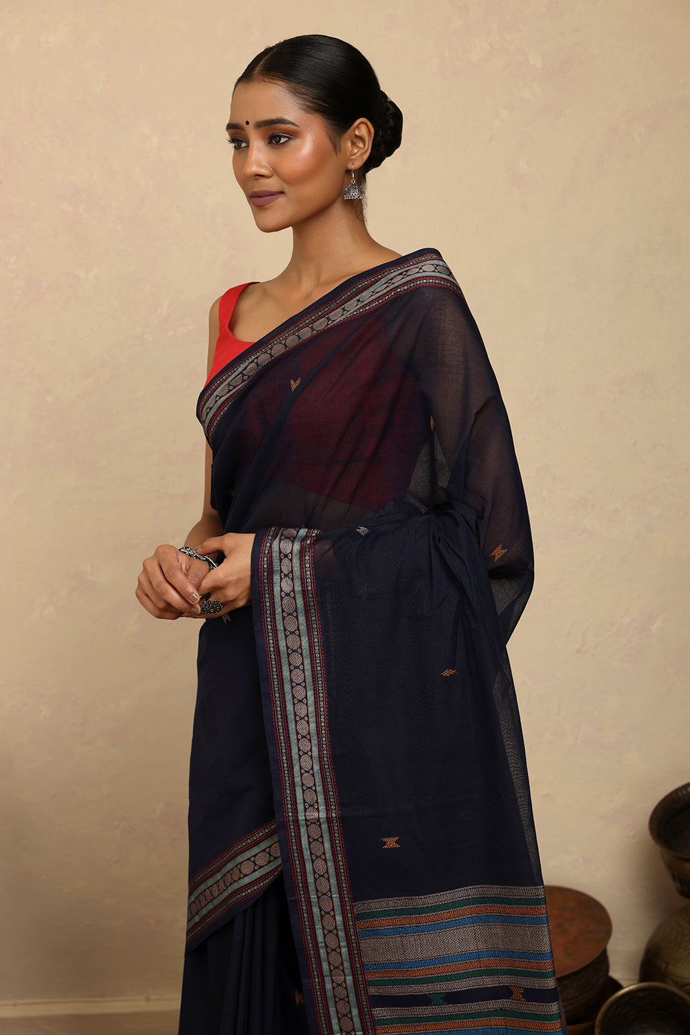Handloom Navy Blue Kanchi Cotton Saree with Woven Border