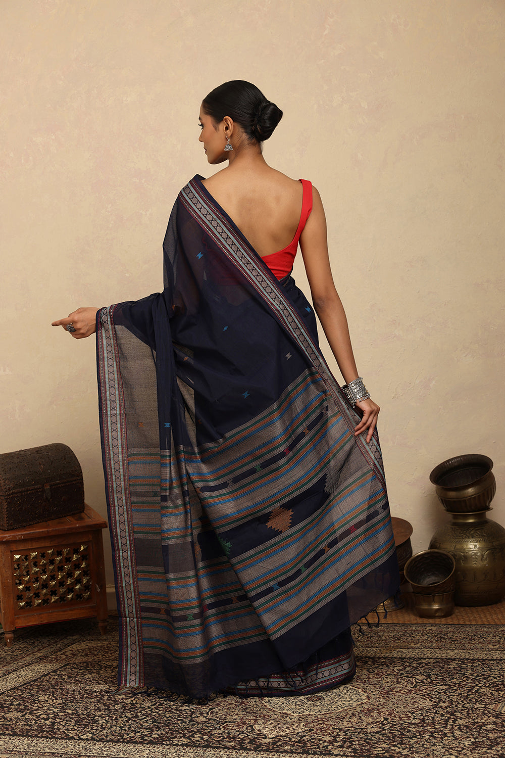 Handloom Navy Blue Kanchi Cotton Saree with Woven Border