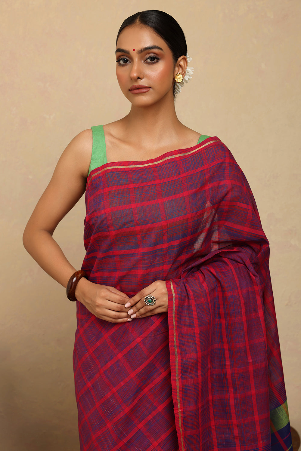Handloom Hot Pink & Blue Check Kanchi Cotton Saree