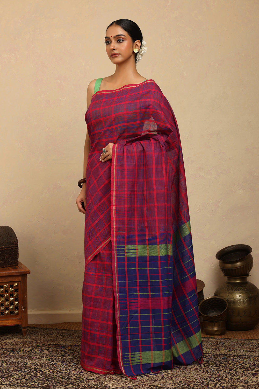 Handloom Hot Pink & Blue Check Kanchi Cotton Saree