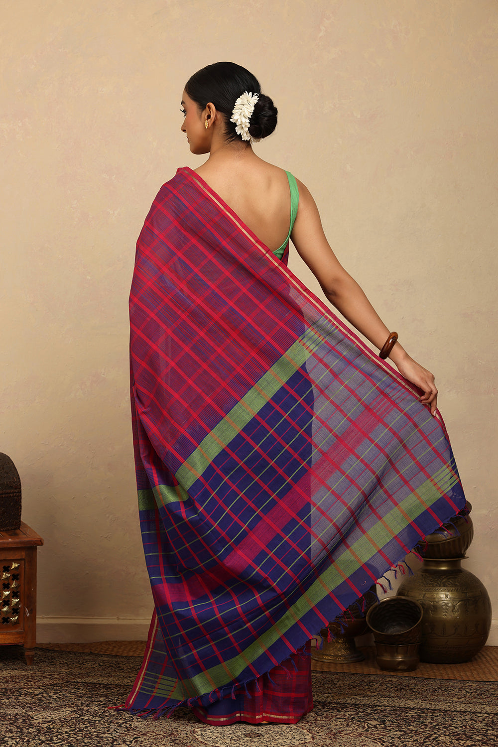 Handloom Hot Pink & Blue Check Kanchi Cotton Saree