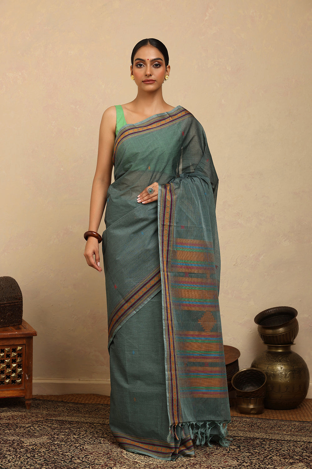 Handloom Sea Green Kanchi Cotton Saree
