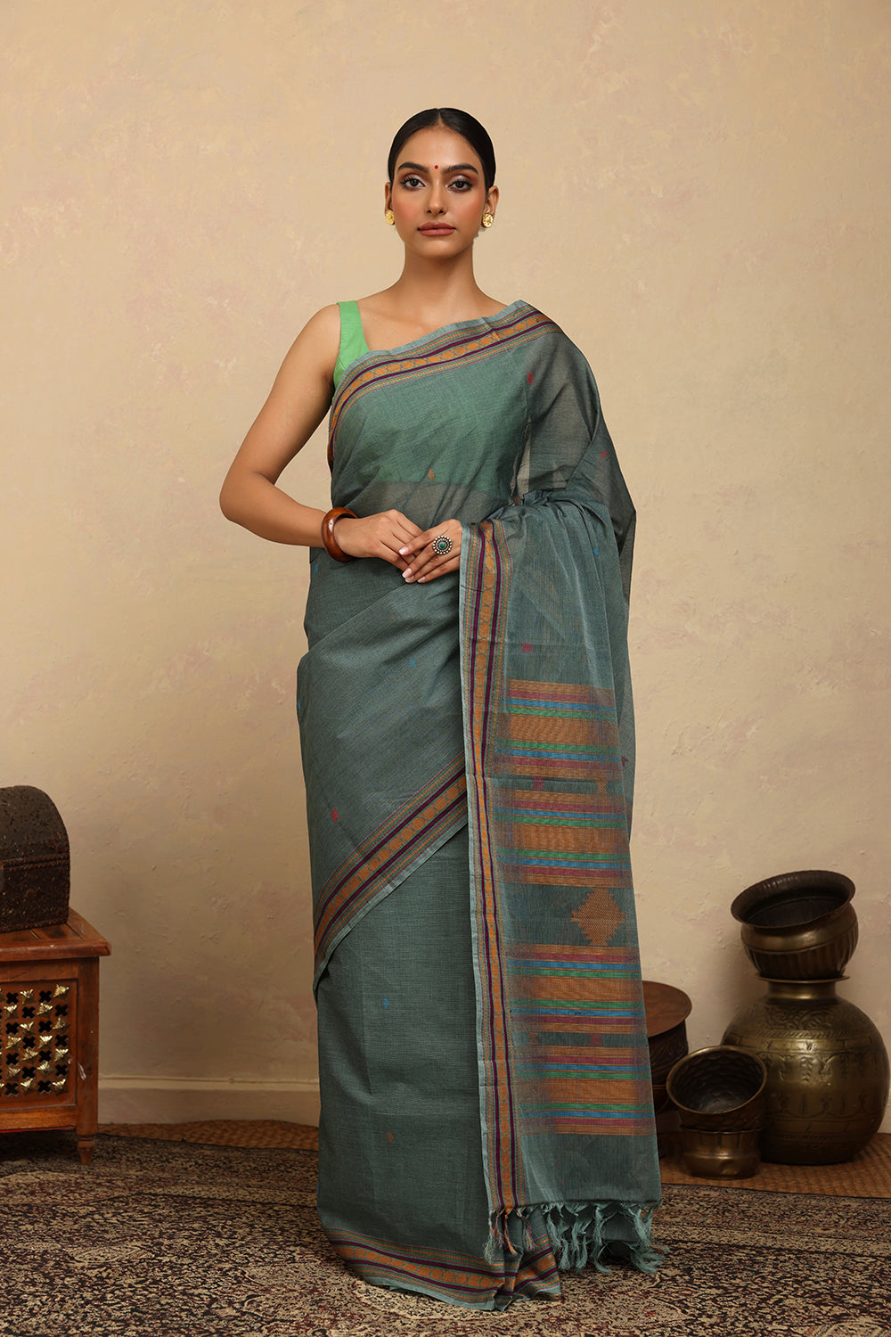 Handloom Sea Green Kanchi Cotton Saree