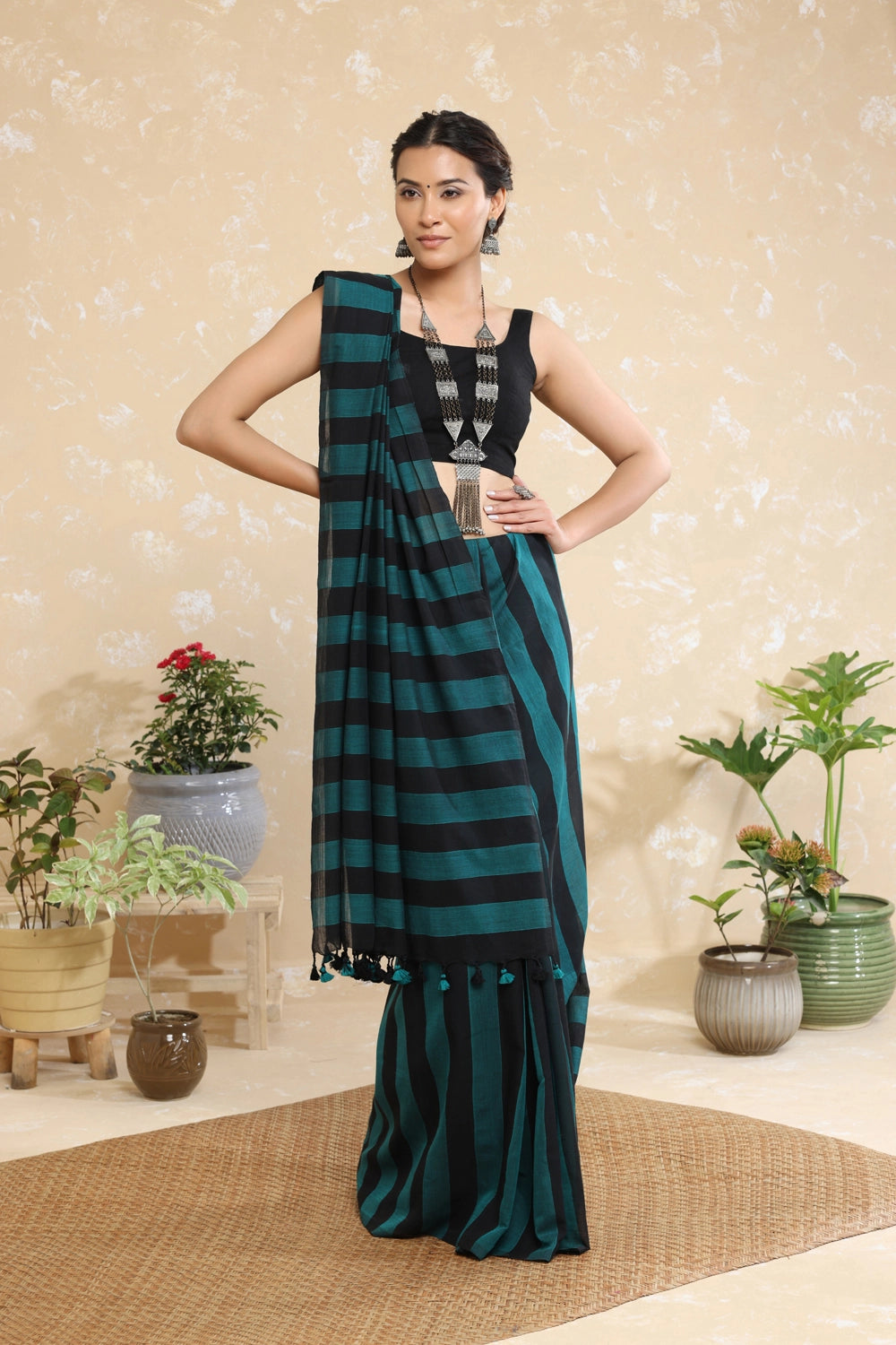 Handloom Black Stripes Mulmul Saree