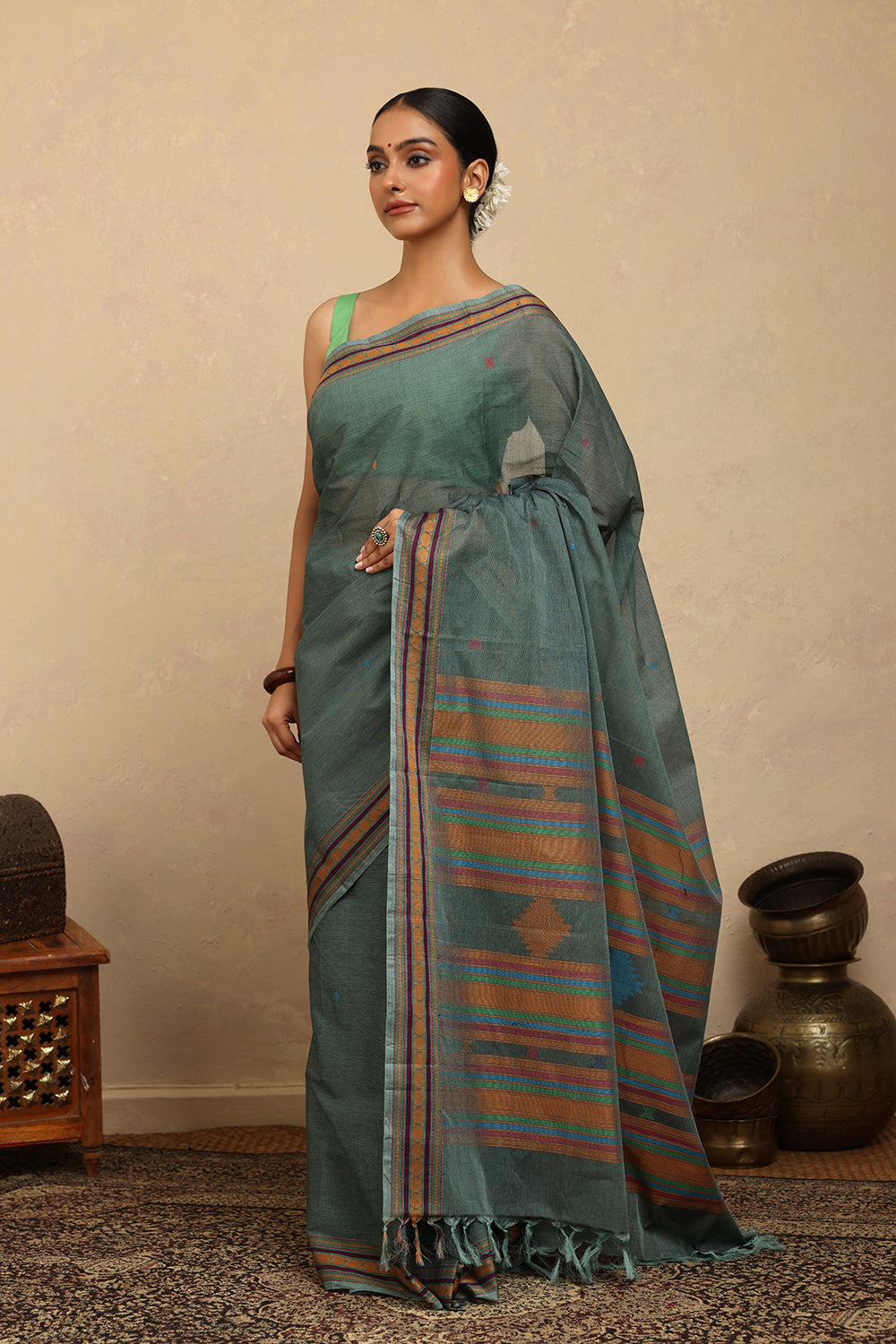 Handloom Sea Green Kanchi Cotton Saree