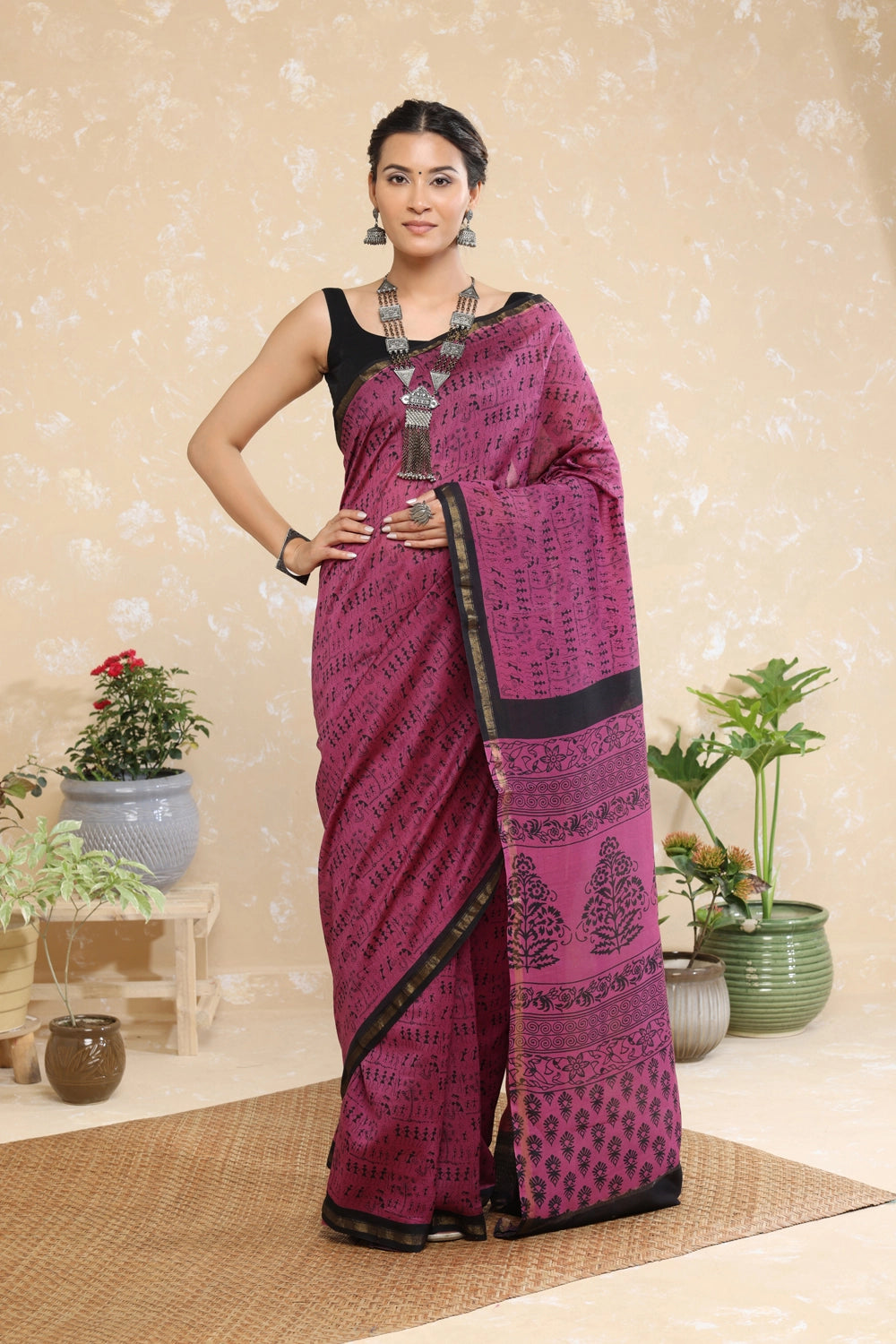 Handloom Wine Tribal Block Print Chanderi Cotton Saree