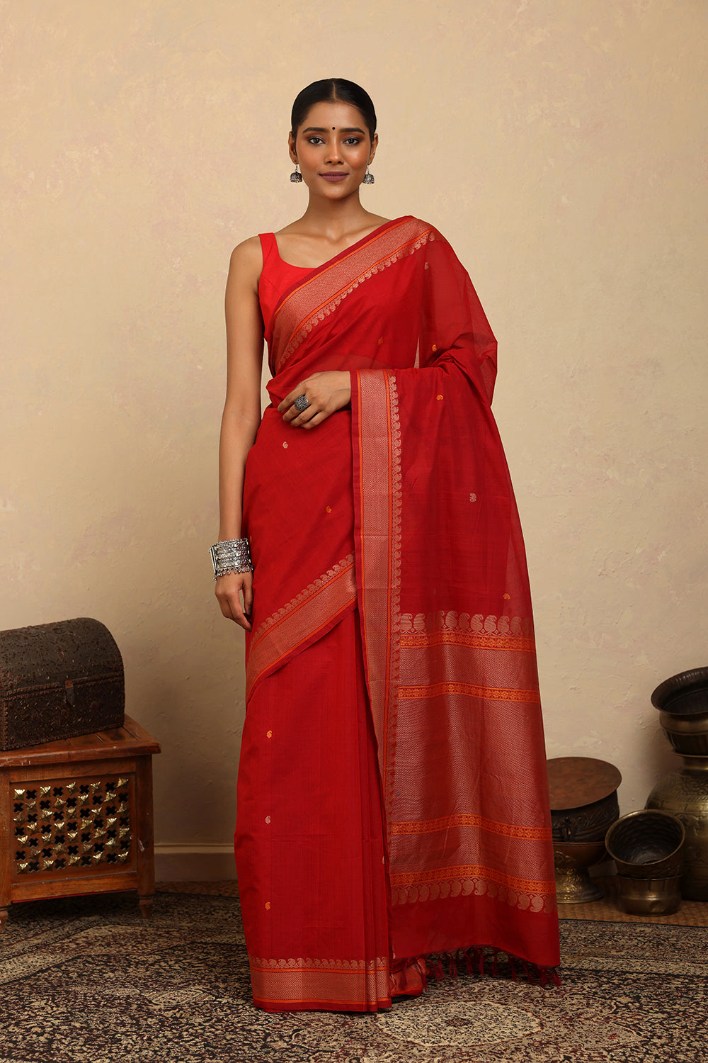 Handloom Scarlet Red  Kanchi Cotton Saree
