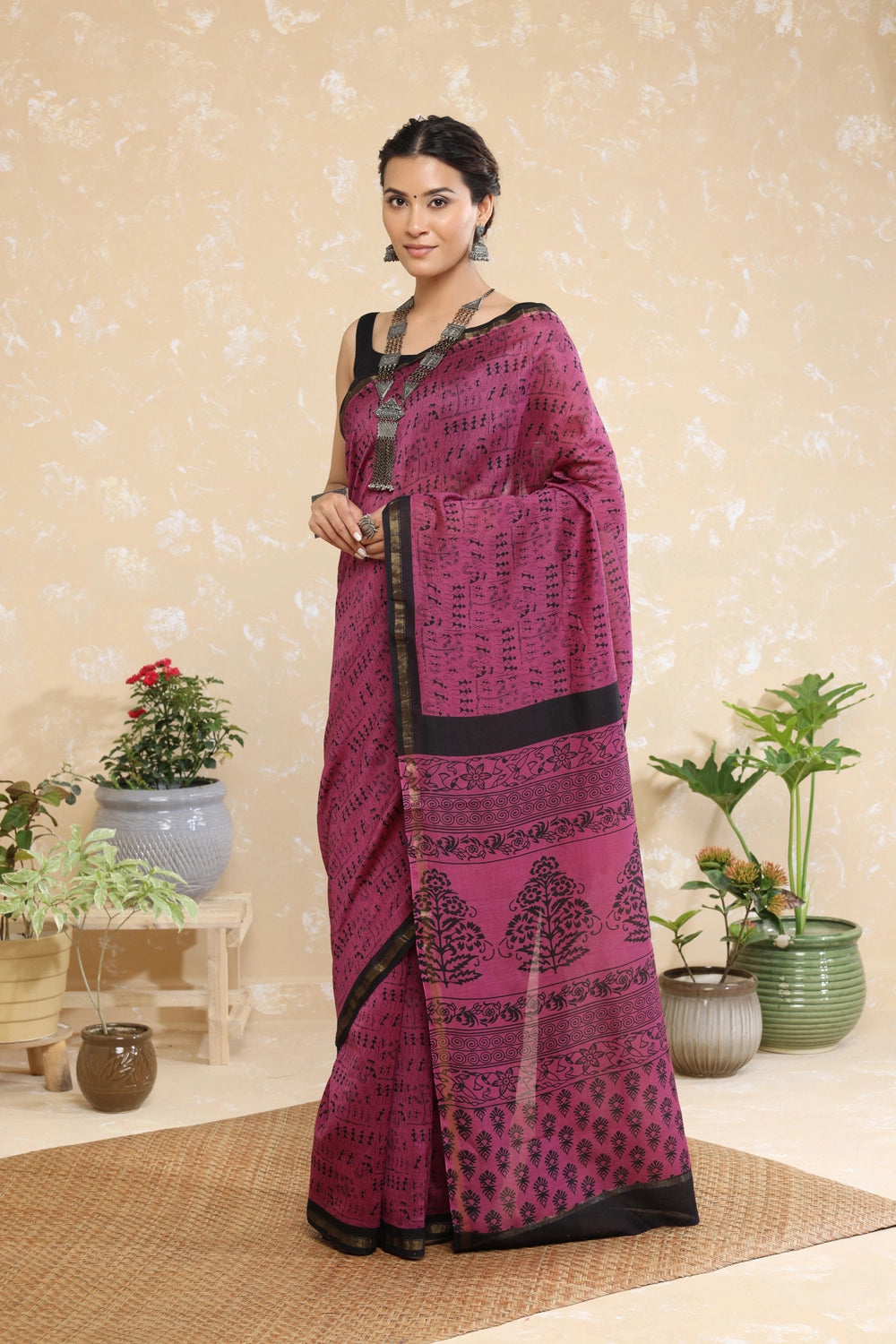 Handloom Wine Tribal Block Print Chanderi Cotton Saree