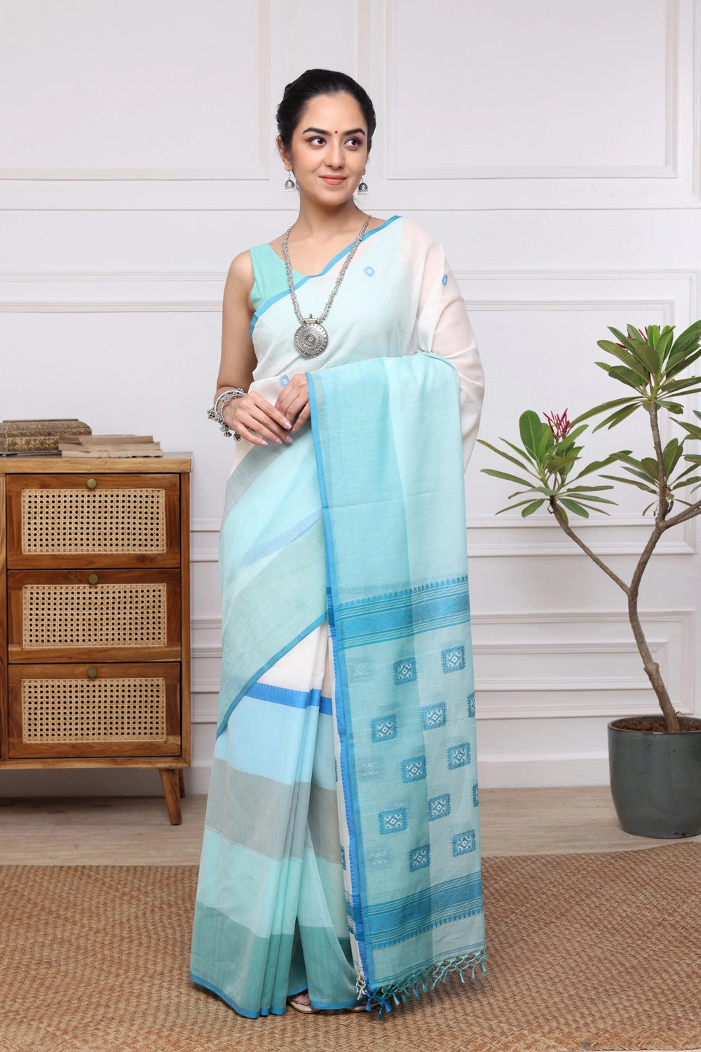 Handloom White & Blue Soft Cotton Jamdani Saree with Box Motifs