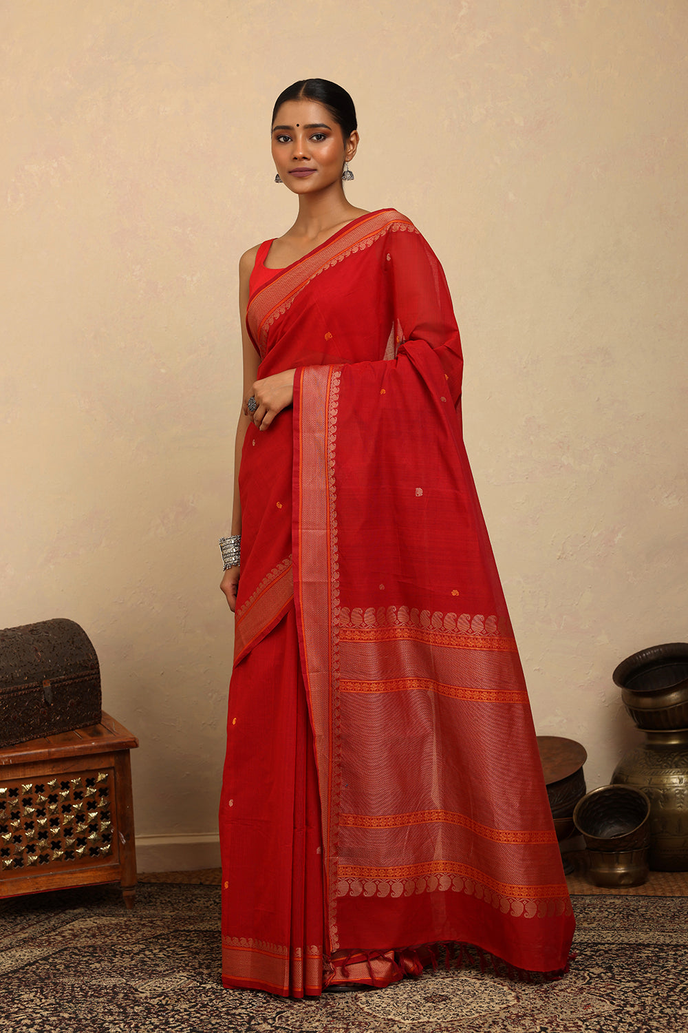 Handloom Scarlet Red  Kanchi Cotton Saree