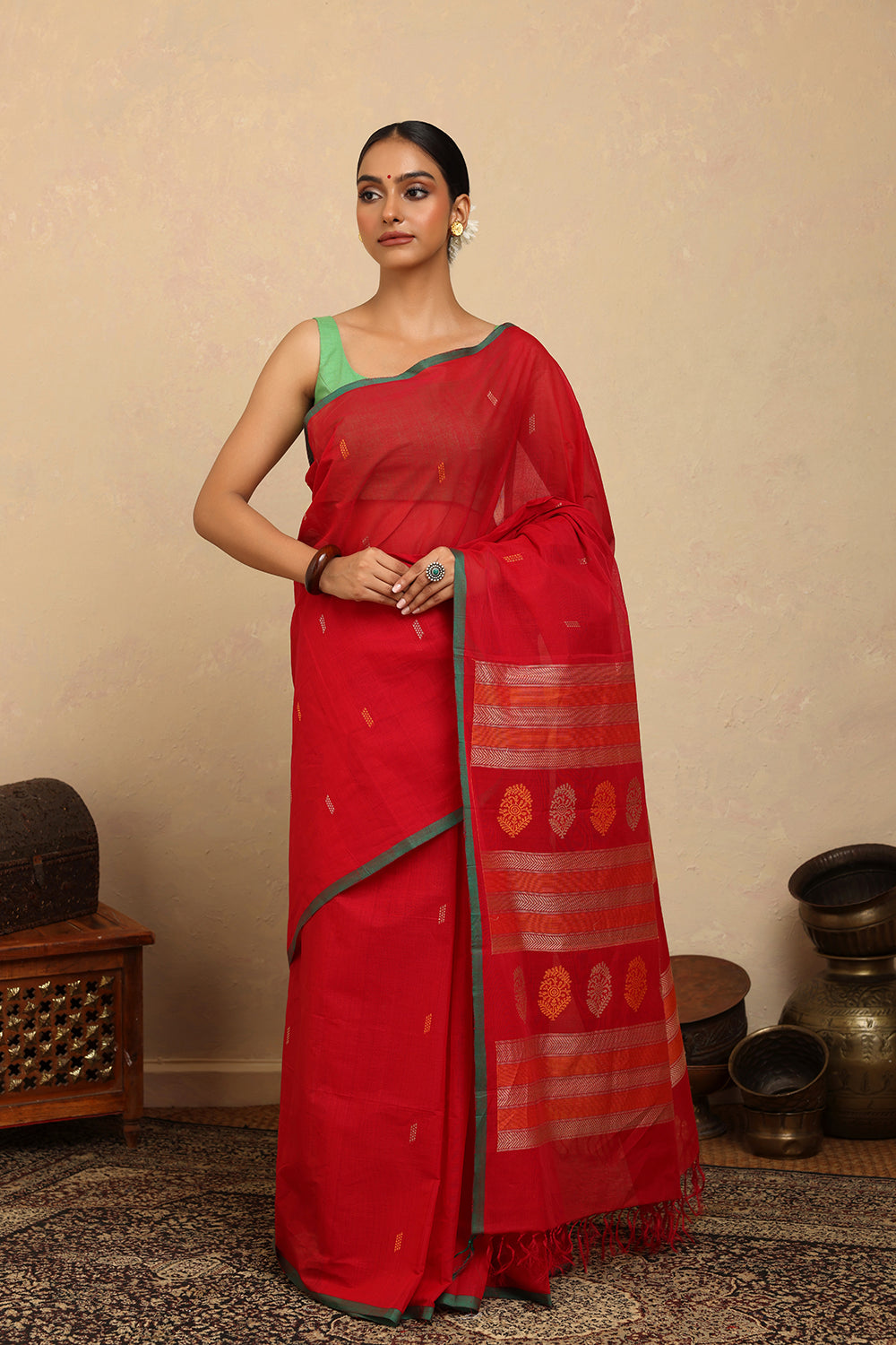 Handloom Rose Red  Kanchi Cotton Saree
