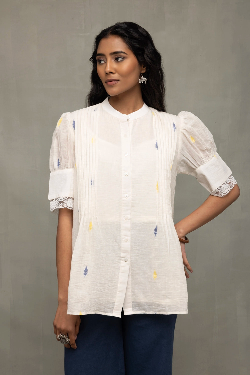 Ivory Pleated Jamdani Puff Sleeve Shirt Top