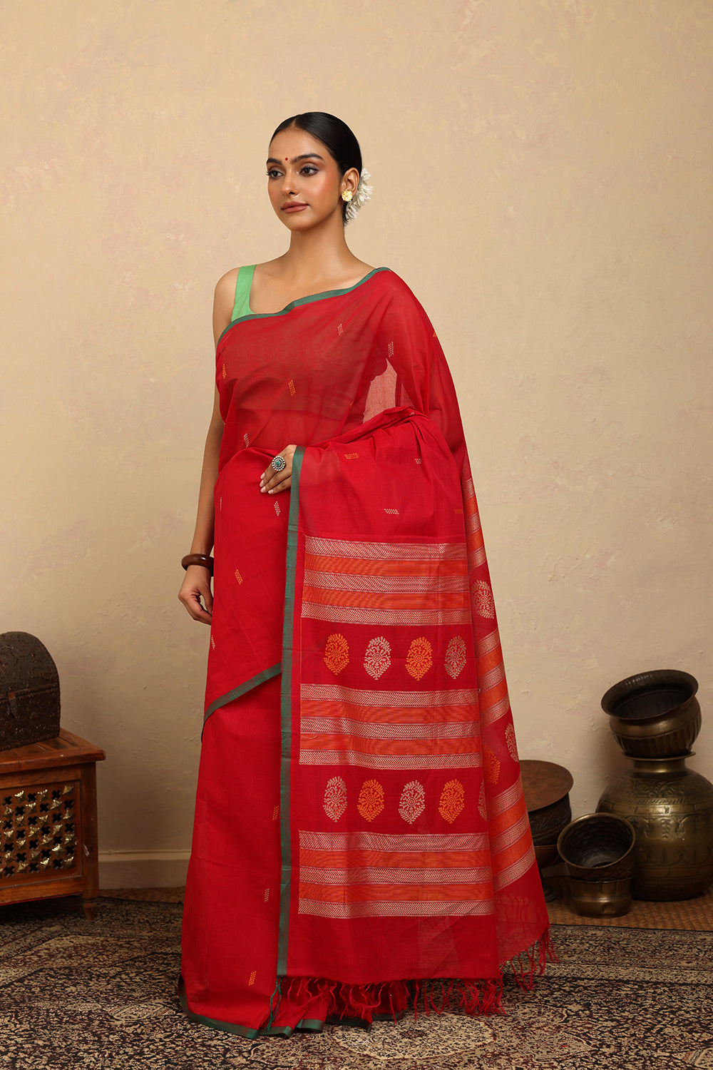 Handloom Rose Red  Kanchi Cotton Saree
