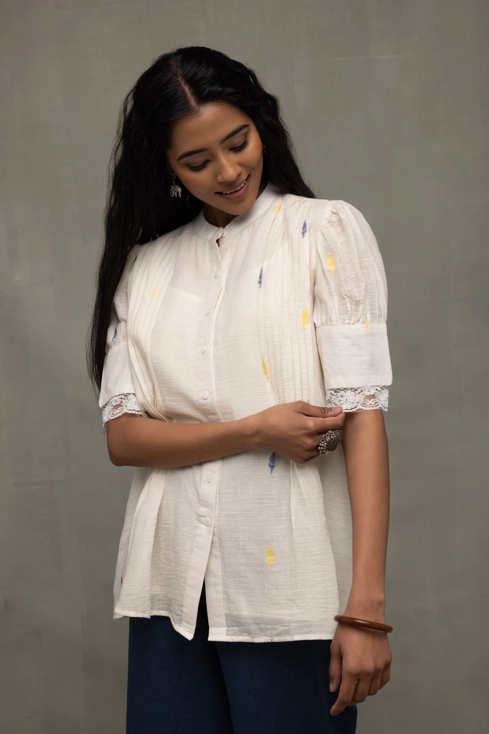 Ivory Pleated Jamdani Puff Sleeve Shirt Top