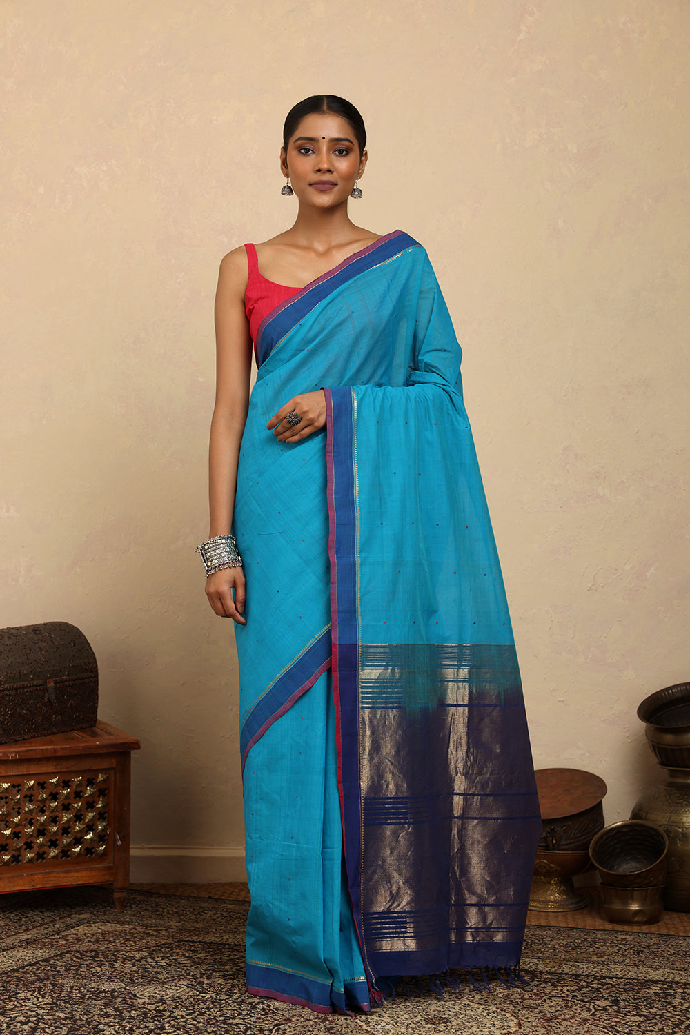 Handloom Royal Blue  Kanchi Cotton Saree