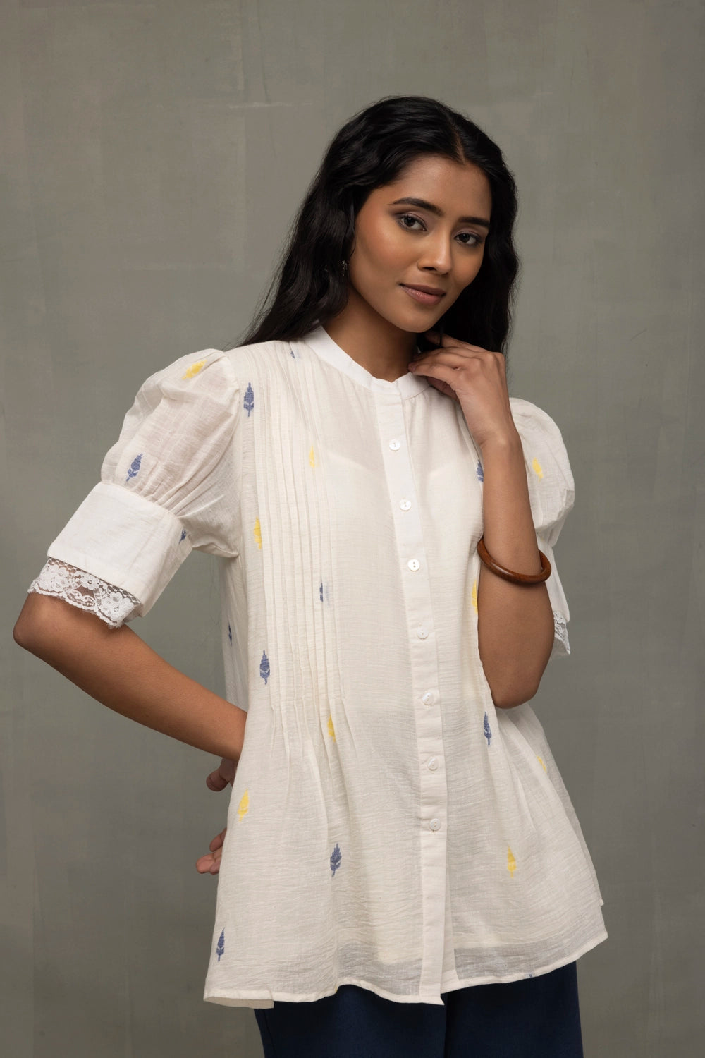 Ivory Pleated Jamdani Puff Sleeve Shirt Top