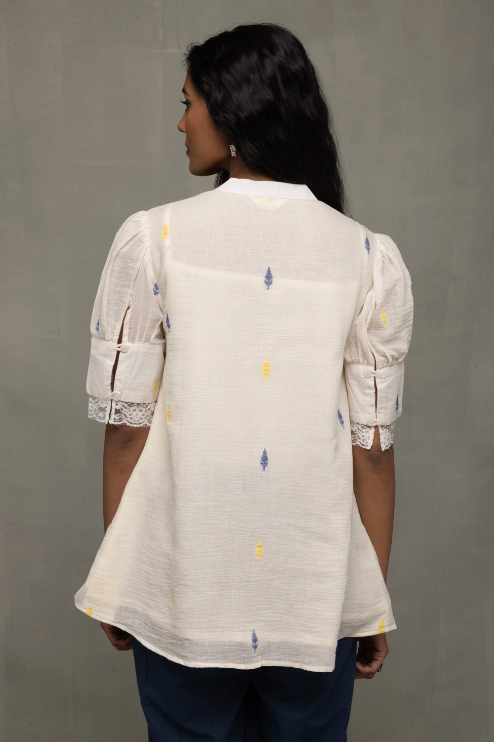 Ivory Pleated Jamdani Puff Sleeve Shirt Top