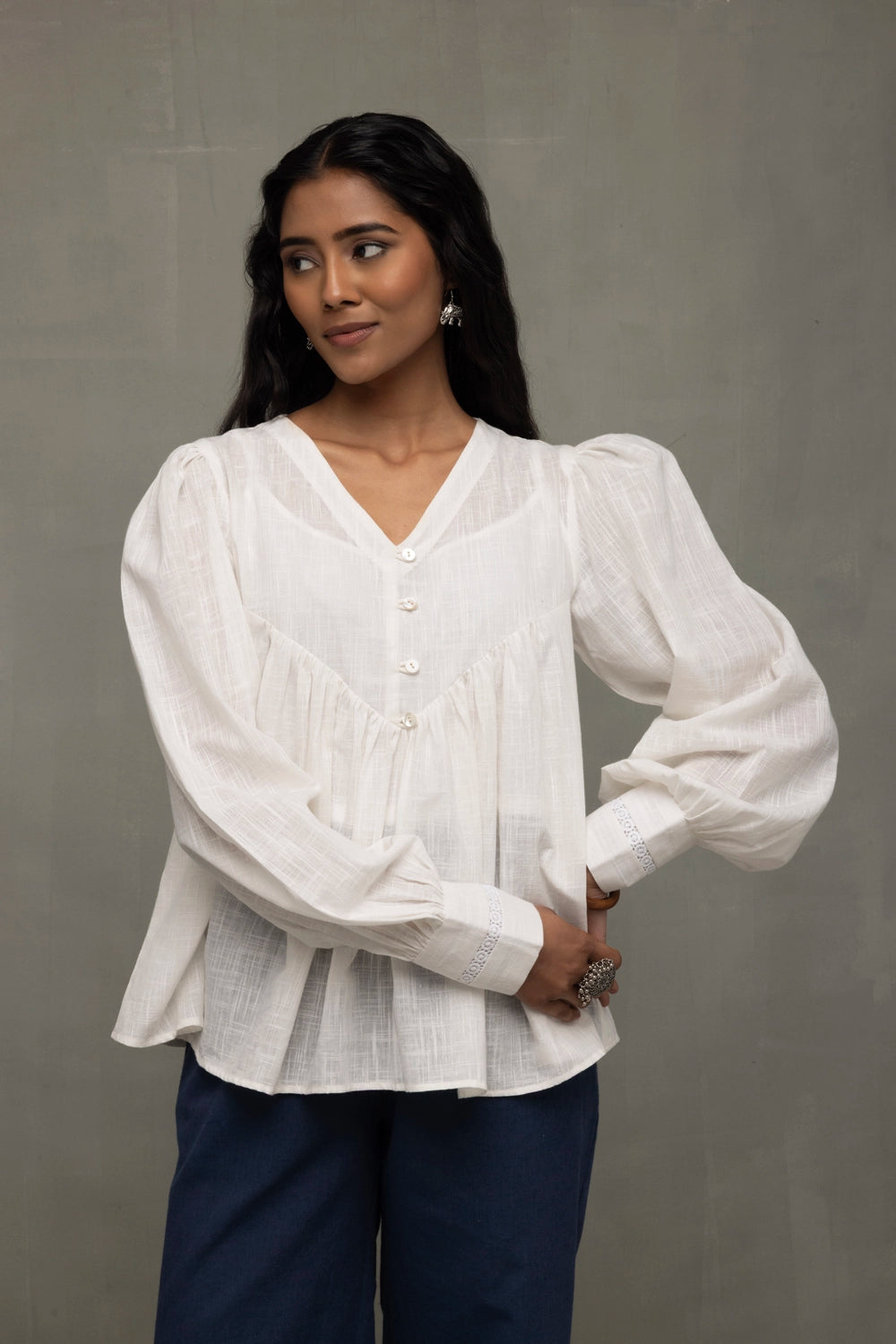 White Cotton Cloud Gathered Top