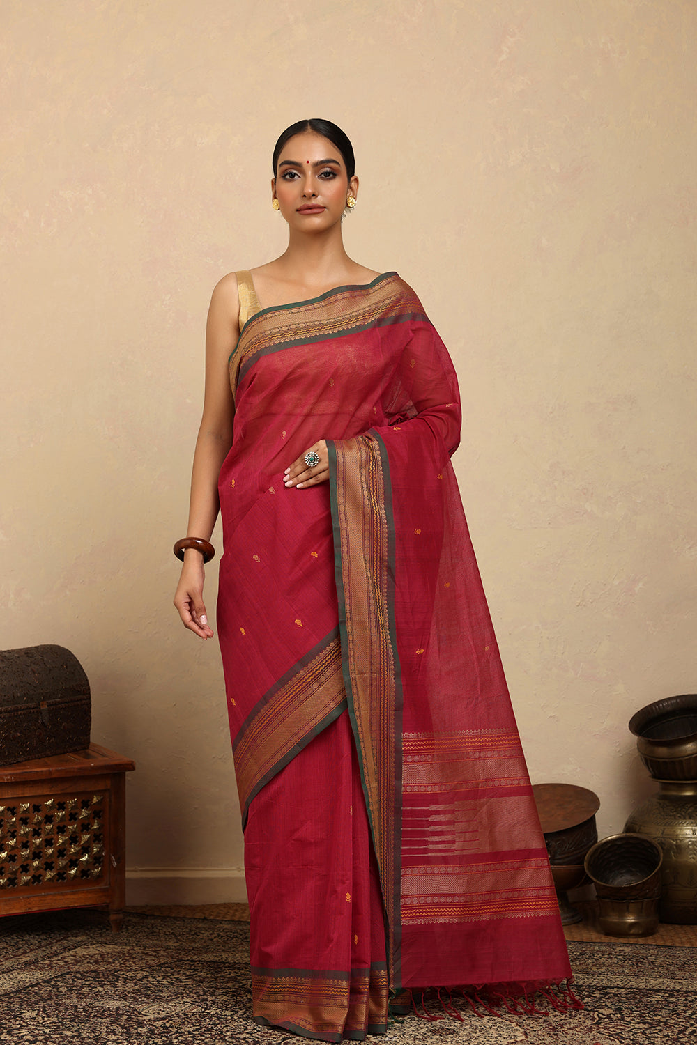 Handloom Pink Kanchi Cotton Saree with Woven Border