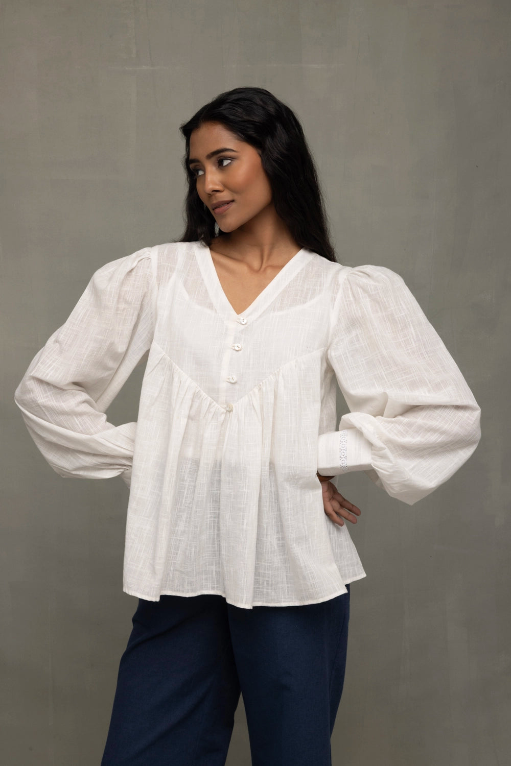 White Cotton Cloud Gathered Top