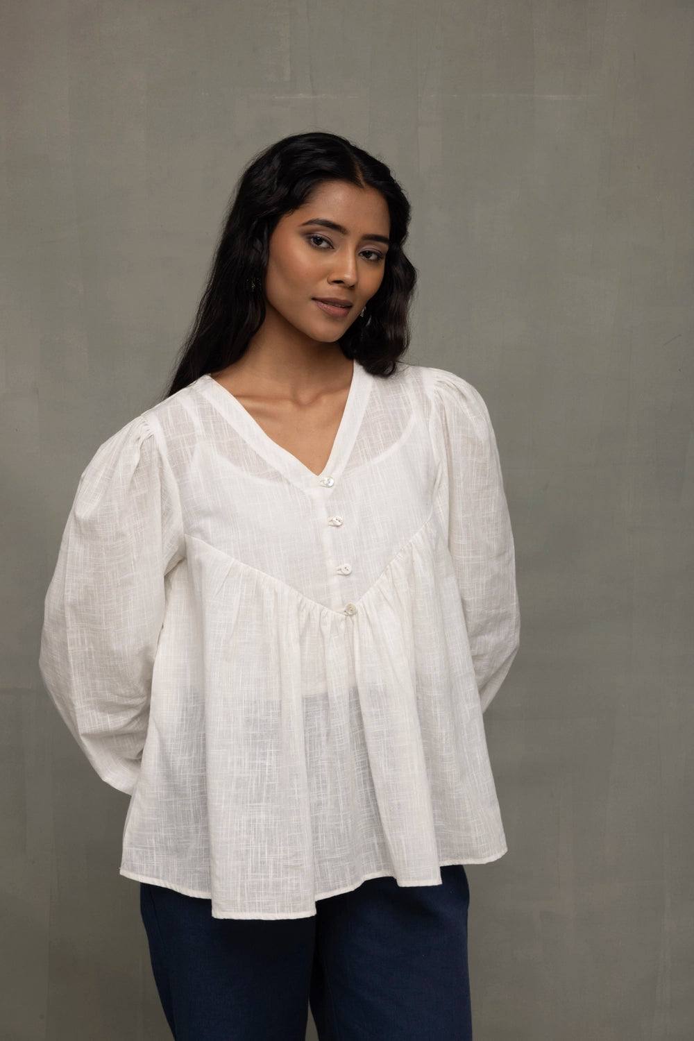 White Cotton Cloud Gathered Top