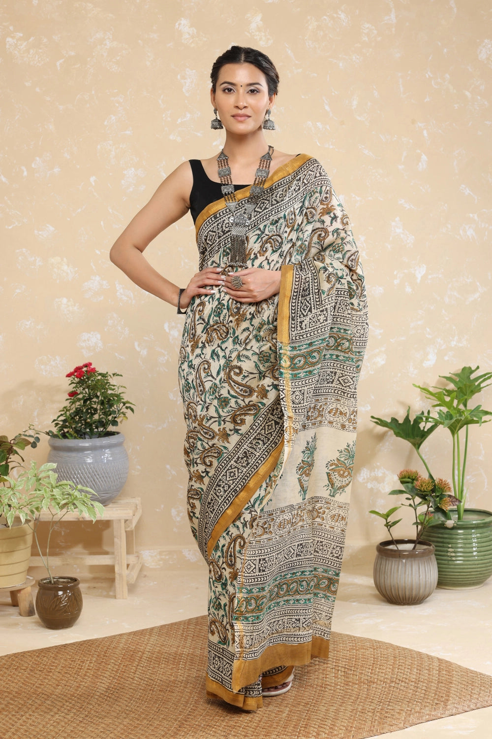 Handloom Brown Floral Block Print Chanderi Cotton Saree With Yellow Border