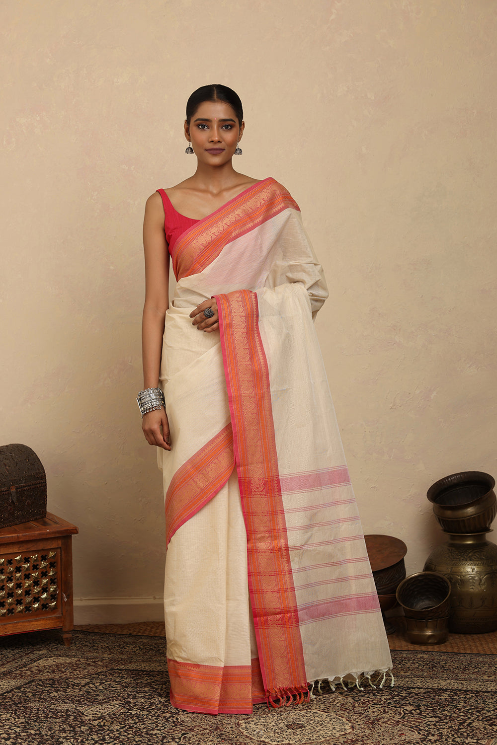 Handloom Off White Kanchi Cotton Saree with Woven Pink  Border
