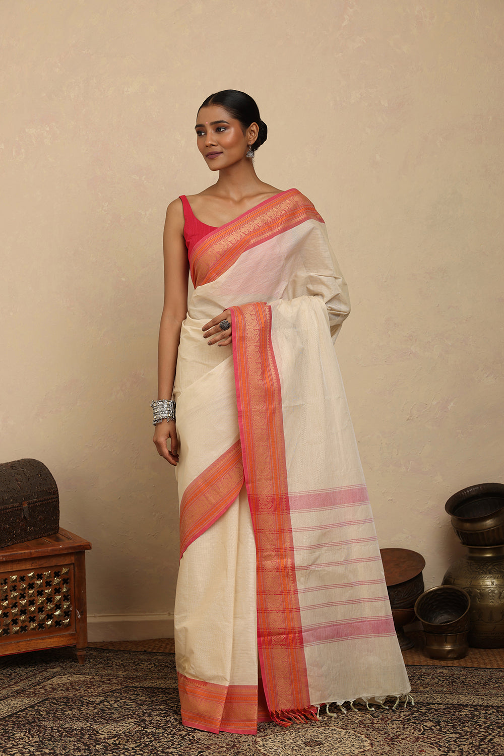Handloom Off White Kanchi Cotton Saree with Woven Pink  Border