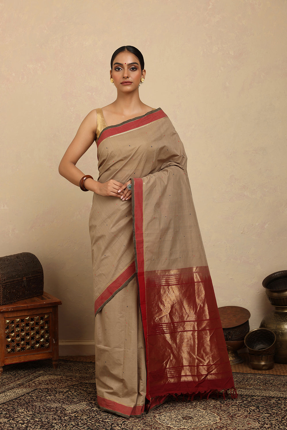 Handloom Biscuit Brown Kanchi Cotton Saree