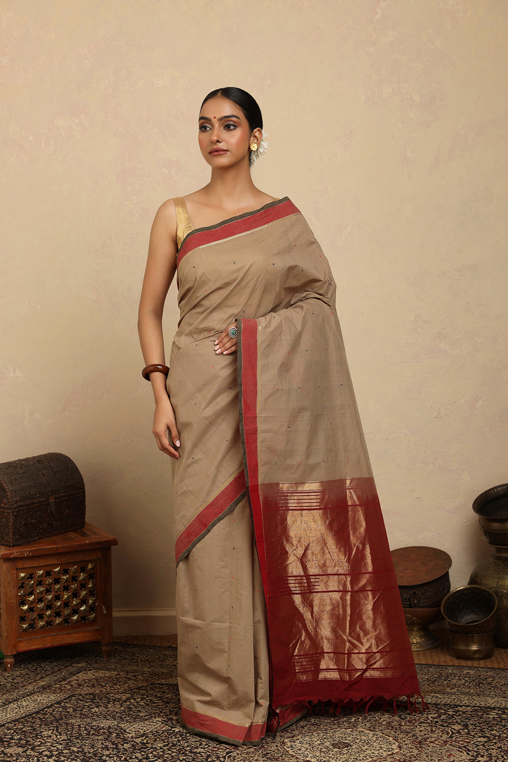 Handloom Biscuit Brown Kanchi Cotton Saree