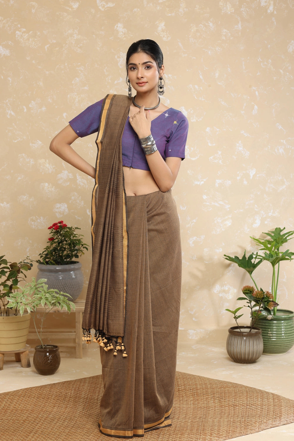 Handloom Brown With Gold Zari Border Mulmul Saree